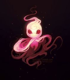 a pink octopus floating on top of a dark ocean next to a red light bulb