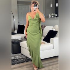 Olive Chiffon Cowl Neck | Material Is So Lightweight And Easy To Dress Up Or Down Boohoo Dresses, Cowl Neck, Colorful Dresses, Size 12, Chiffon, Dress Up, Maxi Dress, Womens Dresses, Green