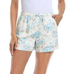 High rise shorts made from a breezy and breathable linen blend fabric are great for summer weather! These shorts feature an adjustable drawstring waist, two front pockets and a modest 4"" inseam. Fashion meets function with 2 front slash pockets, providing ample storage for your essentials. The adjustable drawstring at waist provides a customized fit catering to many body types. Linen shorts keep you effortlessly chic and offer a lightweight and breathable feel, making them ideal for summer vaca Floral Outfit, High Rise Shorts, Rolled Hem, Summer Staples, Drawstring Shorts, Linen Shorts, Printed Pants, Shorts With Pockets, Blue Floral