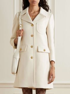 GUCCI Button-embellished wool coat Gucci Outfits, Shades Of White, Wool Coat, Net A Porter, Luxury Design, Knee Length, Porter, Branding Design, Slim Fit