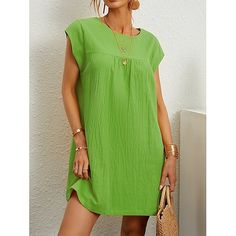 Season:Summer,Spring; Fabric:Polyester; Sleeve Length:Short Sleeve; Look After Me:Machine wash; Gender:Women's; Style:Basic,Modern; Elasticity:Inelastic; Occasion:Daily,Weekend; Fit Type:Loose Fit; Dresses Type:Casual Dress; Pattern:Plain; Design:Ruched; Neckline:Crew Neck; Front page:FF; Listing Date:03/21/2024; Production mode:External procurement; 2024 Trends:2023; Bust:; Length:; Dress Length Type:Mini Dress; Print Type:non-printing Solid Shift Mini Dress For Beach, Solid Color Cotton Mini Dress For Vacation, Green Shift Mini Dress For Summer, Summer Shift Mini Dress In Solid Color, Casual Solid Color Mini Dress For Summer, Casual Solid Color Summer Mini Dress, Cotton Mini Dress For Beach In Solid Color, Solid Cotton Mini Dress For Summer, Casual Solid Color Mini Dress For Beach