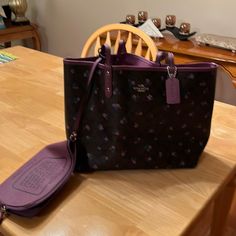 Coach Brown And Purple Flowered Tote With Attached Wallet Coach Bags With Flowers, Coach Tote, Bags Coach, Mcm Logo, Womens Tote Bags, Purple Flowers, Coach Bags, Bag Lady, Wallet