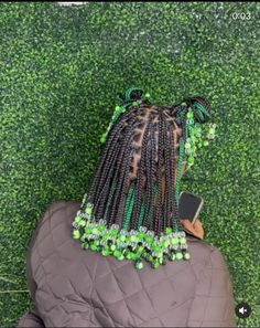 Green Hairstyles Black Women Braids, Short Knotless Braids With Beads Green, 2 Color Box Braids With Beads, Green And Black Braids With Beads, Braids With Green Beads, Green And Black Knotless Braids With Beads, Braided Hairstyles For 10-12, Bead Hairstyles Black Women, Beads In Hair Braids Black Women