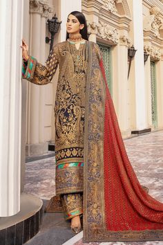 Elegant Jamawar Dresses For Festive Occasions, Elegant Jamawar Dresses With Dupatta, Elegant Jamawar Dresses With Zari Work, Elegant Semi-stitched Lawn Suit For Reception, Embellished Georgette Lawn Suit For Wedding, Traditional Formal Chinon Dress, Elegant Jamawar Salwar Kameez For Reception, Formal Traditional Chinon Dress, Silk Lawn Suit With Intricate Embroidery For Reception