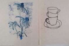 two drawings of flowers and a coffee cup on top of each other, one is drawn in blue ink