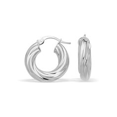 These fancy twist hoop earrings are crafted in 14K white gold and measure 7/8 inch diameter, featuring a hinged snap locking. Luxury White Hoop Earrings For Gift, Cheap White Formal Hoop Earrings, Luxury White Hoop Jewelry, Twist Hoop Earrings, Snap Back, Ring Collections, Metal Stamping, Vintage Gold, Beautiful Earrings