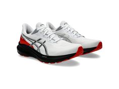 ASICS GT-1000 13 - Men's Running Shoes : White/Black : Designed with PureGEL technology and FLYTEFOAM cushioning in the midsole, the ASICS Men's GT-1000 13 helps create a lightweight feel with softer landings so you can experience more comfort in each step. The 3D GUIDANCE SYSTEM of these running shoes increases stability for a more balanced stride. Offering added support and elevated cushioning, these sneakers come with an OrthoLite X-30 footbed that offers improved impact absorption and creates a softer feeling at the footstrike for added comfort. The polyester and synthetic mesh upper with synthetic overlays and polyester and synthetic mesh lining keep your feet cool and comfortable. Experience superior comfort and performance wearing these cushioned shoes. Lace-up closure. Round toe si Asics Low-top Running Shoes With Breathable Material, Asics Low-top Trail Running Shoes For Streetwear, Sporty Fade-resistant Asics Running Shoes, Sporty Asics Running Shoes Fade-resistant, Asics Fade-resistant Running Shoes, Running Shoes Design, Asics Men, Running Jacket, Performance Wear