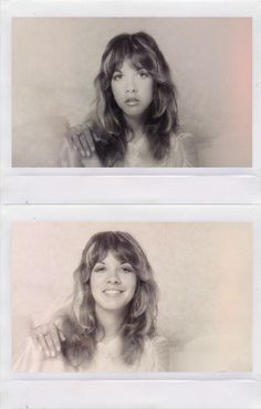 two pictures of a woman with long hair and bangs, one in black and white