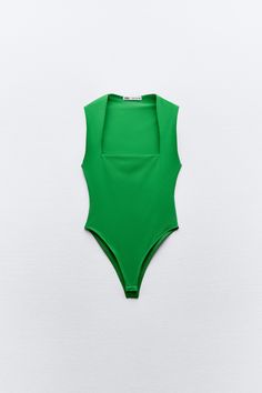 SQUARE NECK POLYAMIDE BODYSUIT Sleeveless Polyamide Bodysuit For Spring, Sleeveless Green Second-skin Bodysuit, Sleeveless Second-skin Green Bodysuit, Sleeveless Tight-fitting Green Bodysuit, Chic Sleeveless Bodysuit, Green Stretch Bodysuit By Zara, Zara Green Stretch Bodysuit, Sleeveless Polyamide Bodysuit With Lined Body, Zara Green Fitted Bodysuit