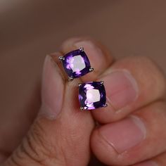 This is a gorgeous handmade creation. Its beauty is its simplicity & Elegance. The 7mm*7mm cushion shape faceted amethyst is crafted in vermeil Elegant Purple Square Cut Jewelry, Silver Amethyst Gemstone Earrings, Classic Square Cut Purple Jewelry, Unique Amethyst Purple Earrings, Amythest Stud Earrings, Minimal Earrings Studs, Womens Earrings Studs, Nice Jewelry, Minimalist Earrings Studs