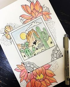 an image of a cactus and flowers on a piece of paper next to a marker