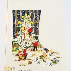 a christmas card with an image of a tree and people around it in the snow