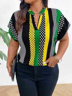 Plus Size Summer Color-Block Patchwork And Random Print Batwing Sleeve Shirt With V-Neck Green Casual  Short Sleeve Fabric Geometric,Polka Dot,Striped,All Over Print Top Non-Stretch Summer Women Plus Clothing, size features are:Bust: ,Length: ,Sleeve Length: Batwing Sleeve Shirt, African Blouses, Plus Size Summer, Elegant Shirt, Plus Size Blouses, Casual Blouse, Batwing Sleeve, Plus Size Casual, Dot Print