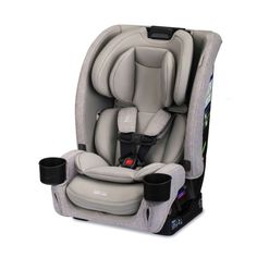 the child's car seat has two cups on it