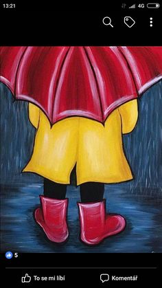 a painting of a person holding an umbrella in the rain with red boots on their feet