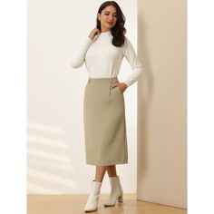 This women's pencil skirt is a stylish and versatile piece of clothing available, designed to flatter every woman's figure with its high waist and sleek silhouette. Crafted with great attention to detail, this skirt is made from a better fabric blend, consisting of a combination of polyester and spandex. The added stretch in the fabric ensures a comfortable fit while still maintaining its shape. The skirt sits comfortably at the natural waistline, accentuating the waist. Office Pencil Skirt With Pockets, Solid Pencil Skirt With Pockets For Office, Pencil Skirt With Pockets For The Office, Solid Color Pencil Skirt With Pockets For Office, Fitted Solid Color Skirt For Work, Elegant Solid Color Pencil Skirt For Work, Fall Pencil Skirt For Office Wear, Workwear Midi Pleated Skirt, High-waist Solid Color Pencil Skirt For Office