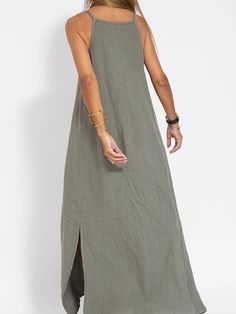 Women's Cotton and Linen Nightdress Pure Color Loungewear Nightshirt Dress Fashion Casual Comfort Home Street Date Airport Breathable Straps Sleeveless Dress Summer Spring Black White 2024 - $32.99 Side Split Maxi Dress, Sleeveless Linen Dress, Dress Sleeve Length, Summer Beach Dress, Sleeveless Long Dress, Split Maxi Dress, Loose Outfit, Hip Dress, Loose Dress