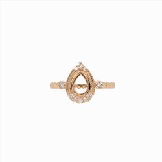 This beautiful 14k gold ring features a pear-cut double prong setting with round earth mined natural diamond accents, creating a unique and bespoke look. A dainty ring design full of detailing that will compliment any gemstone! This ring setting is made with solid 14K Gold and natural Earth mined SI / G-H diamonds. 14k Gold Pear-shaped Jewelry With Rose Cut Diamonds, Timeless 14k Gold Teardrop Ring, Gold Teardrop Diamond Ring With Halo Setting, Timeless Teardrop Rings With Rose Cut Diamonds, Gold Diamond Teardrop Ring With Halo Setting, Yellow Gold Teardrop Ring With Diamond Accents, Timeless Teardrop Rose Cut Diamond Rings, 14k Gold Teardrop Brilliant Cut Rings, 14k Gold Teardrop Ring With Brilliant Cut