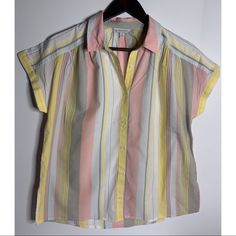 Lucky Brand Women’s Top Striped Multicolor Short Sleeve Size Small Pink Relaxed Fit Tops With Vertical Stripes, Pink Relaxed Fit Top With Vertical Stripes, Pink Short Sleeve Top With Striped Collar, Casual Pink Top With Striped Collar, Lucky Brand, Button Down Shirt, Womens Tops, Women's Top, Pink