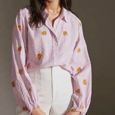 New With Tags Spring Seersucker Tops, Trendy Cotton Blouse With Floral Embroidery, Pink Embroidered Button-up Blouse, Cute Pink Button-up Blouse, Pink Floral Embroidered Blouse For Daywear, Pink Embroidered Collared Top, Pink Button-up Tops With Floral Embroidery, Pink Embroidered Tops For Daywear, Silk Shirt Blouses