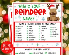 a christmas reindeer themed printable with the words, what's your reindeer name?