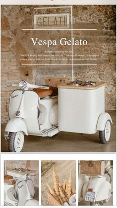 an advertisement for a vespa gelato with pictures of the sidecar and front wheel