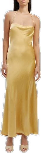 Fitted Bias Cut Satin Maxi Dress, Floor-length Fitted Satin Slip Dress, Fitted Floor-length Satin Slip Dress, Fitted Gold Satin Slip Dress, Gold Fitted Satin Slip Dress, Floor-length Bias Cut Satin Dress For Night Out, Full Length Satin Finish Maxi Dress, Glamorous Formal Maxi Slip Dress, Gold Fitted Silk Slip Dress