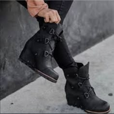 Category:Boots; Upper Materials:PU; Season:Fall,Winter; Heel Type:Platform,Wedge Heel; Gender:Women's; Activity:Walking; Toe Shape:Round Toe; Type:Booties Ankle Boots; Style:Punk,Vintage,Fashion; Heel Height(inch):2-3; Outsole Materials:Rubber; Occasion:Daily,Outdoor; Closure Type:Lace-up,Zipper; Pattern:Solid Color; Listing Date:10/13/2023; Production mode:External procurement; 2024 Trends:Plus Size,Height Increasing Shoes,Platform Boots; Size chart date source:Provided by Supplier. Womens Wedge Boots, Black Wedge Boots, Waterproof Leather Boots, Vegan Leather Boots, Comfortable Wedges, Winter Leather Boots, Platform Wedge Heels, Mode Boho, Women Flats