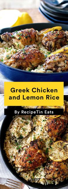 chicken and lemon rice in a skillet with the title overlay reads greek chicken and lemon rice