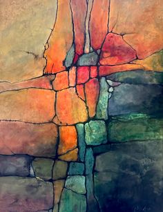 an abstract painting with different colors and shapes on it's surface, including the cross