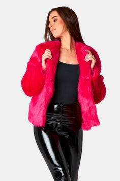 BuddyLove | Baddie Faux Fur Jacket | Hot Pink Pink Faux Fur Coat Outfits, Pink Faux Fur Jacket, Fur Winter Coat, Cropped Faux Fur Coat, Sequin Short Dress, Winter Fur Coats, Rush Dresses, Pink Fur, Pink Faux Fur