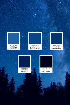 the sky is filled with stars and trees, which are silhouetted against blue hues