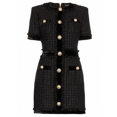 Medium dress with Jewel metal buttons. Regular Crew-Neck. Single reinforced needle stitching. Haute Couture Style, High Fashion Dresses, Tweed Dress, Patchwork Dress, Knit Mini Dress, Wool Dress, Plaid Dress, Stylish Dresses, Dress Materials