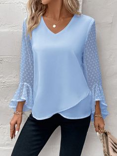 Baby Blue Casual Collar Wrist-Length Sleeve Woven Fabric Colorblock,Plain Top Embellished Non-Stretch  Women Clothing Flared Sleeves Top, Flare Top, Plain Tops, Loungewear Women, Sleeves Top, Flounce Sleeve, Swiss Dot, Inspiration Mode, Basic Style