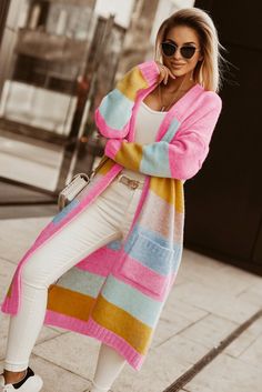 Multicolor Color Block Knit Pocketed Open Front Cardigan Long Duster Coat, Full Length Coat, Rib Knit Cardigan, Colored Cardigans, Color Block Design, Pocket Cardigan, Duster Cardigan, Ribbed Neckline