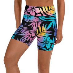 Women's 5" length UV Paddle Board Swim Shorts are designed with UPF 50 sun protection and a modest length to keep you safe and stylish in the sun. The ombre floral Hibiscus print is vibrant an uses safe Oeko Tex inks for chlorine-safe swimming and an eco-friendly option. • 82% polyester, 18% spandex, unlined • Very soft four-way stretch fabric • Comfortable high waistband • Triangle-shaped gusset crotch • Flat seam and coverstitch Hand wash cold, gentle. Air dry. Avoid contact with rough surface Tropical Swimwear With Built-in Shorts, Beach Floral Print Stretch Shorts, Stretch Floral Print Beach Shorts, Stretch Floral Print Shorts For Beach, Multicolor Hawaiian Short Bottoms, Multicolor Hawaiian-style Shorts, Stretch Floral Print Shorts For Vacation, Multicolor Hawaiian Shorts For Beach Season, Stretch Tropical Shorts