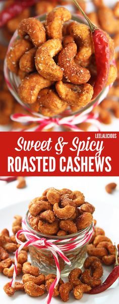 sweet and spicy roasted cashews in small glass bowls with candy canes on the side