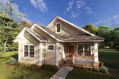 a rendering of a small house in the middle of a grassy area