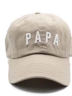 Rey to Z Our newly arrived PAPA hat - just for you! Features: * 100% cotton * Adjustable back closure * Letter patches are sewn on Summer Cotton Trucker Hat With Logo Patch, Cotton Dad Hat, Cotton Snapback Hat, Khaki Cotton Baseball Cap, Everyday Cream Cotton Hat, Cotton Dad Cap, One Size Fits Most, Cotton Cap Hat, Cotton Cap One Size Fits Most, Khaki Cotton Cap