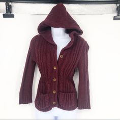 Abercrombie Vintage Med. Burgundy Wool Blend Hooded Button 3/4 Sleeve Sweater Jacket Pre-Owned In Great Condition. I’ve Had This Since Early High School And Have Loved It. It’s Great With A Thermal Underneath And Looks Good With Everything. It’s So Warm But I Love The 3/4 Sleeves Because It Doesn’t Completely Burn Me Up. 22 Inches Long, 16 Pit To Pit, 20 Inch Sleeves. No Flaws Other Than A Few Lint Balls That I Can Shave Off For You. Thanks For Shopping ! Hooded Jacket With Button Closure For Fall, Cozy Fitted Outerwear With Button Closure, Fall Hooded Jacket With Buttons, Fitted Cozy Hooded Outerwear, Cozy Fitted Hooded Outerwear, Hooded Sweater With Buttons For Fall, Hooded Button Sweater For Fall, Button Closure Hoodie For Fall, Hooded Hoodie With Button Closure For Fall