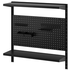 a black shelf with two bins on top of it and some shelves below them