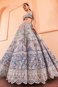 Jade blue tissue lehenga with an attached cancan and zardosi, aari, french knots and dori embroidery. Comes with a padded blouse and a dupatta. - Aza Fashions Zardosi Blouse, Organza Applique, Heavy Lehenga, Desi Vibes, Chic Prom Dresses, Simple Lehenga, Lehenga Pattern, Long Outfit, Blue Organza