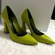 Brand New With Protective Film On The Bottom. Great Condition Green Heels With Contrasting Heel Counter And Round Toe, Green Leather Closed Toe Court Shoes, Green Leather Court Shoes With Pointed Toe, Green Leather Court Shoes With Almond Toe, Green Leather Almond Toe Court Shoes, Green Round Toe Heels With Reinforced Heel, Green Synthetic Heels With Round Toe, Green Heels With Reinforced Heel And Round Toe, Green Closed Toe Heels With Contrasting Heel Counter