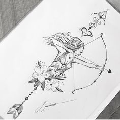 a drawing of a girl with an arrow and flowers on her arm, shooting the bow