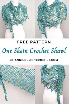 three pictures of the same shawl with text overlay that says, free pattern one skin crochet shawl