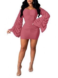 Material: 90-95% Polyester. Features: Flare long sleeve. ruched. off-shoulder. solid color. bodycon mini dresses.Style: Party. Floral Dress Formal, Boho Swimwear, Flare Long Sleeve, Lace Formal Dress, Dresses Style, Split Maxi Dress, Clubwear Dresses, Lace Dress Long, Style Party