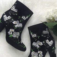 New With Tag Floral Embroidery Side Zipper Trendy Embroidered Summer Boots, Spring Embellished Boots With Round Toe, Spring High Heel Boots With Floral Embroidery, Trendy Embroidered Winter Boots, Black Embellished Spring Boots, Spring Black Embellished Boots, Embroidered Summer Party Boots, Embroidered High Heel Boots For Spring, Party Boots With Floral Embroidery And Round Toe