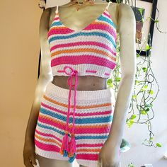 Nwt Knitted Shot And Crop Top Set. Pink V-neck Crochet Top For Spring, Multicolor Knit V-neck Top, Multicolor V-neck Knit Top For Summer, Multicolor Knit Top For Vacation In Spring, Multicolor Knit Top For Spring Vacation, Multicolor Knit Top For Spring Beach Outing, Multicolor Knit Top For Spring Beach Occasion, Multicolor Summer Knit Top, Summer Multicolor Knit Top