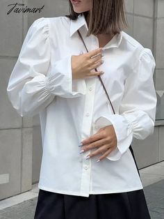 Tavimart White Shirt Women Elegant Lapel Puff Sleeve Blouses Autumn Female Casual Loose Ruched Tops Office Lady Fashion Chic Button Shirt Office Tops With Lantern Sleeves And Button Closure, Daywear Puff Sleeve Shirt With Button Cuffs, Puff Sleeve Shirt With Button Cuffs For Daywear, Solid Color Shirt With Puff Sleeves And Buttons, Office Lantern Sleeve Top With Button Closure, White Puff Sleeve Blouse With Button Cuffs, Puff Sleeve Shirt With Button Closure For Daywear, White Tops With Lantern Sleeves And Button Cuffs, White Puff Sleeve Shirt With Buttons