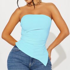 Brand New Light Blue Asymmetrical Strapless Top Tan Bodysuit, White Lace Bodysuit, Fashion Nova Bodysuit, Brown Crop Top, Maxi Tops, Striped Bodysuit, V Neck Bodysuit, Corset Crop Top, Fashion Nova Tops